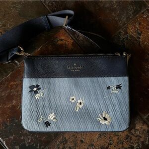 kate spade Leila Triple Gusset Light Blue and Navy Floral Embroidered Crossbody